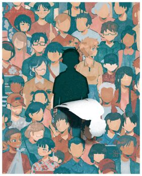  6+boys 6+girls abstract artist_name black_hair blonde_hair commentary crowd english_commentary faceless faceless_female faceless_male facing_viewer glasses hat highres hikaru_ga_shinda_natsu jacket japanese_clothes kimono long_hair male_focus multiple_boys multiple_girls paper shirt short_hair tsujinaka_yoshiki white_hair zipsunz 