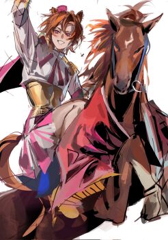  1girl animal_ears armor blush boots breasts cape creature_and_personification crown gold_boots gold_corset hair_between_eyes highres horse horse_ears horse_girl horse_tail horseback_riding long_sleeves looking_at_viewer mini_crown open_mouth orange_hair orange_tail personification pink_cape pink_crown purple_eyes rain_(neporain) real_life riding shirt short_hair shoulder_armor skirt smile t.m._opera_o_(o_sole_suo!)_(umamusume) t.m._opera_o_(racehorse) t.m._opera_o_(umamusume) tail two-tone_skirt umamusume white_shirt 