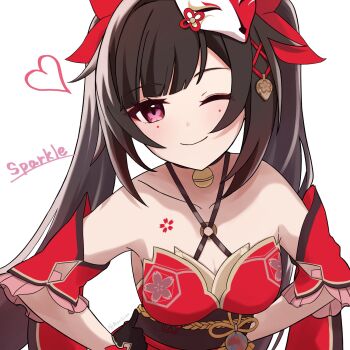  1girl ;) alt_text bare_shoulders bell black_hair breasts character_name cleavage commentary_request detached_sleeves dress flower_tattoo fox_mask heart highres honkai:_star_rail honkai_(series) japanese_clothes long_hair looking_at_viewer mask mask_on_head medium_breasts mori5uzu neck_bell one_eye_closed purple_eyes red_dress simple_background smile solo sparkle_(honkai:_star_rail) tattoo twintails very_long_hair white_background 