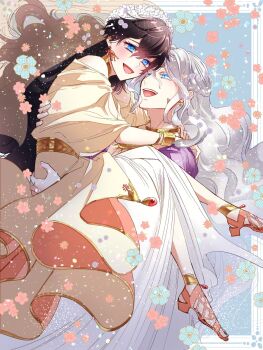  1boy 1girl :d ancient_greek_clothes anklet aqua_flower arms_around_neck bare_shoulders belt black_hair blue_background blue_eyes bracelet braid carrying colored_eyelashes commentary_request cowboy_shot dress earrings falling_flower flower flower_wreath full_body gem gold_belt gold_bracelet gold_necklace gold_trim greco-roman_clothes half_up_braid hand_on_another's_back happy head_wreath hera_(ohitsuji_ei) hetero highres husband_and_wife ii_fuufu_no_hi jewelry light_particles long_hair looking_at_another necklace ohitsuji_ei open_mouth orange_sandals pink_flower princess_carry purple_shirt red_gemstone robe sandals shirt simple_background smile teardrop_earrings teeth three-quarter_sleeves two-sided_dress two-sided_fabric upper_teeth_only veil very_long_hair wavy_hair white_eyelashes white_flower white_hair white_robe yellow_dress yellow_veil yukai_na_shintouki zeus_(ohitsuji_ei) 