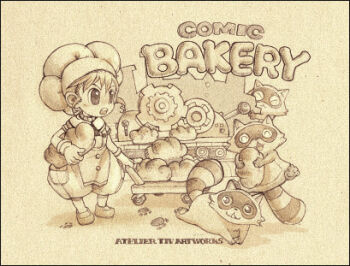  1girl apron artist_name baggy_pants blinking_inside_eyes chef_hat closed_eyes collar comic_bakery commentary_request copyright_name dated_commentary food frilled_collar frills gears genderswap genderswap_(mtf) gloves hat high-waist_pants holding holding_bread holding_food konami korean_commentary legs_apart looking_at_viewer lowres open_mouth pants paw_print pocket raccoon short_hair sidelocks socks standing striped_tail tail teeth tiv traditional_media upper_teeth_only v-shaped_eyebrows waist_apron wheel yellow_background yellow_theme 