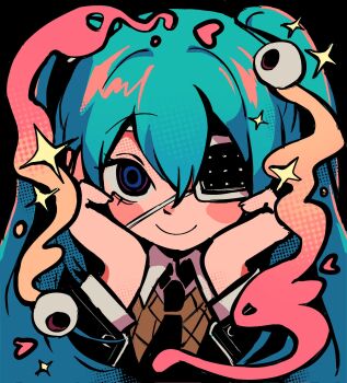  1girl aqua_hair black_background black_jacket black_necktie blue_eyes blush blush_stickers brown_vest closed_mouth collared_shirt commentary english_commentary eyepatch hair_between_eyes hands_on_own_face hatsune_miku heart highres jacket long_hair long_sleeves necktie pasharuu shirt smile solo sparkle twintails vest vocaloid white_shirt 