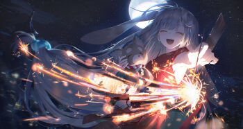  1girl :d ^_^ cho_kaguya-hime! closed_eyes commentary_request crescent crescent_hair_ornament facing_viewer fireworks floating_hair full_moon grey_hair hair_ornament highres holding holding_fireworks holding_stuffed_toy japanese_clothes ji_dao_ji kaguya_(cho_kaguya-hime!) kimono long_hair moon night obi open_mouth outdoors red_kimono sash senkou_hanabi sky sleeveless sleeveless_kimono smile solo sparkler star_(sky) starry_sky stuffed_animal stuffed_toy very_long_hair 