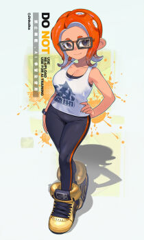  1girl bare_shoulders black-framed_eyewear black_bra black_leggings blue_eyes bra bra_peek bracelet breasts cleavage closed_mouth commentary full_body glasses hand_on_own_hip high_tops highres jewelry jinkoika large_breasts leggings looking_at_viewer medium_hair nintendo octoling octoling_girl octoling_player_character orange_hair parted_bangs print_tank_top shoes smile sneakers solo splatoon_(series) standing tank_top tentacle_hair underwear white_tank_top wide_hips yellow_shoes 