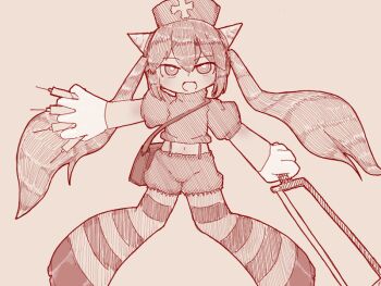  1girl :d between_fingers chibi chrome_(mon-musu_quest!) commentary_request crop_top cross demon_girl gloves hacksaw hair_between_eyes hat holding holding_hacksaw holding_syringe horns long_hair looking_at_viewer mon-musu_quest! monochrome monster_musume_td nekuro_fantajia nurse_cap open_mouth pantyhose puffy_short_sleeves puffy_sleeves ringed_eyes rubber_gloves saw shirt shoes short_sleeves shorts simple_background smile solo striped_clothes striped_pantyhose suspender_shorts suspenders syringe twintails very_long_hair 
