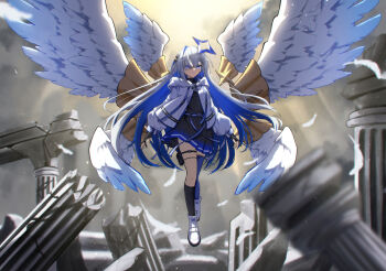  1girl absurdres amane_kanata amane_kanata_(work) angel_wings asymmetrical_legwear azumi_illust belt black_dress black_gloves blue_belt blue_hair blue_thighhighs blue_wings closed_mouth colored_inner_hair commentary_request dress falling_feathers feathered_wings feathers full_body gloves gradient_wings grey_hair hair_ornament hairclip hat high_collar highres hololive jacket jewelry kneehighs long_hair long_sleeves looking_at_viewer low_twintails mismatched_legwear multicolored_hair multicolored_wings multiple_wings necklace official_alternate_costume official_alternate_hair_length official_alternate_hairstyle oversized_wings partially_fingerless_gloves pleated_dress pouch puffy_long_sleeves puffy_sleeves purple_eyes ruins shoes short_dress single_hair_intake single_kneehigh single_sock single_thighhigh sneakers socks solo star_(symbol) star_necklace streaked_hair thigh_pouch thigh_strap thighhighs twintails uneven_legwear virtual_youtuber white_feathers white_hat white_jacket white_shoes white_wings wings 