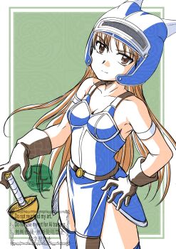  1girl absurdres armlet armor belt blue_armor bonsichi breasts brown_eyes brown_gloves brown_hair cleavage closed_mouth commentary_request daisy_(dq) dragon_quest dragon_quest_yuusha_abel_densetsu fake_horns gloves helmet highres horned_helmet horns jewelry long_hair looking_at_viewer smile solo sword watermark weapon 
