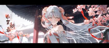  1girl absurdres architecture bare_shoulders blush breasts chinese_commentary commentary_request detached_sleeves earrings east_asian_architecture flower flower-shaped_pupils hair_flower hair_ornament highres jewelry jinhsi_(peach_blossom)_(wuthering_waves) jinhsi_(wuthering_waves) letterboxed liht long_hair looking_at_viewer multicolored_hair official_alternate_costume parted_lips partial_commentary pink_flower pink_pupils small_breasts smile solo streaked_hair symbol-shaped_pupils upper_body white_eyes white_hair wind wuthering_waves 