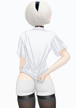  1girl 2b_(nier:automata) black_choker black_hairband breasts brown_thighhighs choker collarbone english_text female_focus from_behind grey_background grey_hair hairband highres large_breasts long_sleeves looking_to_the_side mitsuki_nite nier:automata nier_(series) no_pants panties shirt shirt_tug short_hair short_sleeves simple_background skindentation solo thighhighs twitter_username underwear watermark white_panties white_shirt 