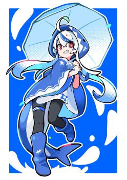  1girl absurdres animal_hood black_pantyhose blue_background blue_boots blue_hair blue_raincoat boots bright_pupils cetacean_tail commentary fins fish_tail full_body grin hair_ornament hairpin halftone head_tilt highres holding holding_umbrella hood long_hair long_sidelocks looking_at_viewer multicolored_hair netoco original pantyhose raincoat red_eyes rubber_boots shark_girl shark_hood sharp_teeth sidelocks smile solo standing standing_on_one_leg star_(symbol) streaked_hair symbol-only_commentary tail teeth umbrella white_hair white_pupils white_raincoat 