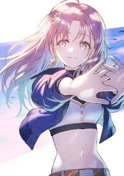  ahoge aqua_hair asakura_toru belt bird breasts brown_hair buttons cloud cloudy_sky commentary_request crop_top dappled_sunlight earrings flower_hairpin grey_eyes highres idolmaster idolmaster_shiny_colors jacket jewelry long_sleeves looking_to_the_side midriff navel open_clothes open_jacket own_hands_together purple_hair sho_(sumika) sky small_breasts stretching sunlight upper_body wind 