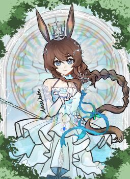  1girl amiya_(arknights) animal_ears arknights aura bare_shoulders blue_dress blue_eyes braid brown_hair chinese_commentary closed_mouth commentary_request crown dress floating_hair hair_between_eyes halter_dress halterneck hand_up highres jewelry kaifeng_cai_danta_chu lens_flare light_smile long_hair looking_at_viewer multiple_rings plant ring solo standing white_dress 