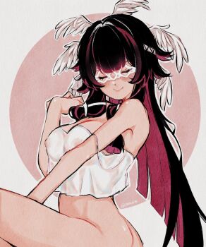  1girl black_hair blush bottomless breasts camisole closed_eyes closed_mouth colored_inner_hair columbina_(genshin_impact) commentary d_anieim english_commentary eye_mask facing_viewer feathered_wings genshin_impact hair_ribbon hand_up head_wings highres long_hair mask multicolored_hair multiple_wings nipples red_hair ribbon see-through_clothes sleeveless smile solo spaghetti_strap strap_slip twitter_username white_ribbon white_wings wings 