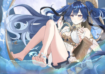 1girl absurdres ahoge ancient_greek_clothes armlet barefoot blue_eyes blue_hair blush breasts cleavage commentary feet full_moon gold_bra gradient_hair greco-roman_clothes highres iuno_(wuthering_waves) jewelry knees_up laurel_crown li_yue_(user_wwpa8325) long_hair medium_breasts moon multicolored_hair parted_lips solo streaked_hair tacet_mark_(wuthering_waves) thighlet thighs toes twintails vambraces wuthering_waves 