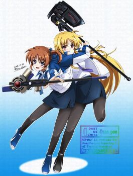  2girls adversarial_noise axe back-to-back bardiche_(nanoha) black_pantyhose blonde_hair blue_necktie blue_skirt brown_hair commentary_request fate_testarossa highres jacket long_hair lyrical_nanoha mahou_shoujo_lyrical_nanoha_exceeds:_gun_blaze_vengeance multiple_girls necktie pantyhose purple_eyes raising_heart red_eyes san-pon skirt staff takamachi_nanoha twintails white_jacket 