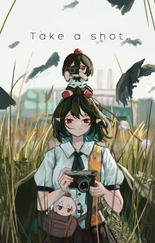  1girl absurdres bird black_hair black_ribbon black_skirt black_wings camera character_doll commentary crow doll doll_on_head english_text feathered_wings fumo_(doll) hat highres holding holding_camera inubashiri_momiji leaf_print light_smile looking_at_viewer neck_ribbon outdoors pleated_skirt pointy_ears pom_pom_(clothes) puffy_short_sleeves puffy_sleeves red_eyes reeds ribbon shameimaru_aya shirt short_hair short_sleeves skirt tokin_hat touhou vanilla_flan white_shirt wings 