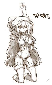  1girl alternate_costume bell bow bra breasts cleavage commentary gloves greyscale hair_bow hat highres jingle_bell kneeling korean_commentary korean_text large_breasts long_hair monochrome navel neck_bell one_eye_closed panties rampa93 solo stomach stretching thighhighs touhou translation_request underwear very_long_hair yorigami_shion 