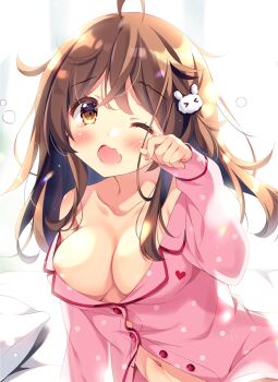 >_< 1girl ahoge areola_slip backlighting bed_sheet blurry blurry_background blush breasts brown_eyes brown_hair collarbone collared_shirt commentary_request depth_of_field dress_shirt female_focus hair_ornament hand_up kokoa-chan_(pan_(mimi)) long_hair long_sleeves medium_breasts nail_polish navel one_eye_closed open_mouth original pan_(mimi) pillow pink_nails pink_shirt rabbit_hair_ornament rubbing_eyes shirt sleepy sleeves_past_wrists solo tears upper_body waking_up wavy_mouth rating:Questionable score:47 user:danbooru
