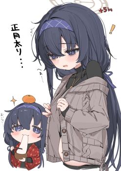  1girl bags_under_eyes black_hair blue_archive blue_eyes blue_hairband blush blush_stickers cardigan chopsticks commentary_request eating food food_on_head fruit fruit_on_head hair_between_eyes hair_ribbon hairband halo highres holding holding_chopsticks japanese_clothes jewelry long_hair long_sleeves low_twintails multiple_views navel necklace object_on_head off_shoulder open_mouth orange_(fruit) ribbon simple_background sparkle stomach translation_request twintails ui_(blue_archive) very_long_hair white_background yoru_uyo 