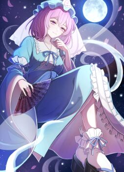  1girl black_sandals blue_hat blue_kimono blue_ribbon breasts closed_mouth collarbone commentary falling_petals folding_fan frilled_kimono frills full_moon hair_between_eyes hand_fan hand_up hat highres holding holding_fan japanese_clothes kimono long_sleeves looking_at_viewer luuu_u_u medium_breasts mob_cap moon neck_ribbon night petals pink_eyes pink_hair pink_petals ribbon saigyouji_yuyuko saigyouji_yuyuko's_fan_design sandals sky sleeve_garter smile socks solo touhou triangular_headpiece veil white_socks wide_sleeves 