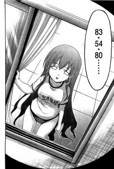  1girl breasts buruma collarbone cowboy_shot curtains floor from_above from_outside greyscale gym_uniform hair_between_eyes hair_ribbon half-closed_eyes highres large_breasts long_hair long_sidelocks looking_at_viewer minazuki_suu monochrome name_tag peephole pov_peephole ribbon satsukitane_mikako short_sleeves sidelocks smile solo sora_no_otoshimono speech_bubble standing thighs third-party_source triangle_mouth very_long_hair window 