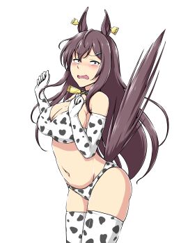  1girl absurdres alternate_costume animal_ears animal_print bikini black_hair blush breasts cleavage collarbone commentary_request cow_print cow_print_bikini deno_(denomina0) detached_sleeves hair_between_eyes hair_ornament highres horse_ears horse_girl long_hair looking_at_viewer mejiro_dober_(umamusume) print_bikini solo surprised swimsuit tears thighhighs umamusume white_background 