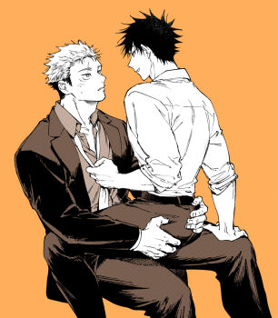  2boys belt closed_mouth collared_shirt commentary_request face-to-face fushiguro_megumi greyscale_with_colored_background hands_on_another's_ass itadori_yuuji jacket jj59u jujutsu_kaisen male_focus multiple_boys necktie open_clothes open_jacket orange_background pants scar scar_on_face scar_on_forehead shirt short_hair simple_background sitting sitting_on_lap sitting_on_person sleeves_pushed_up spiked_hair suit_jacket undercut undone_necktie yaoi 