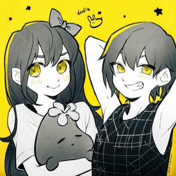  1boy 1girl :> arms_behind_head arms_up aubrey_(headspace)_(omori) aubrey_(omori) blush bow bra_strap closed_mouth double-parted_bangs greyscale_with_colored_background grin hair_between_eyes hair_bow highres holding holding_stuffed_toy kel_(headspace)_(omori) kel_(omori) long_hair looking_at_viewer mr._plantegg_(omori) omori open_mouth shioya_(shioya_omo) shirt short_hair short_sleeves sidelocks simple_background smile spot_color stuffed_animal stuffed_eggplant stuffed_toy t-shirt tank_top teeth yellow_background yellow_eyes 