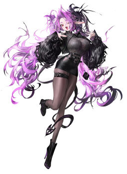  1girl ;p absurdres agoto black_boots black_jacket black_skirt boots breasts brown_pantyhose demon_tail fang full_body high_heel_boots high_heels highres jacket jewelry large_breasts long_hair long_sleeves multiple_rings one_eye_closed open_clothes open_jacket open_mouth original pantyhose pointy_ears puffy_long_sleeves puffy_sleeves purple_hair red_eyes ring skin_fang skirt solo tail tail_around_own_leg thigh_strap tongue tongue_out very_long_hair 