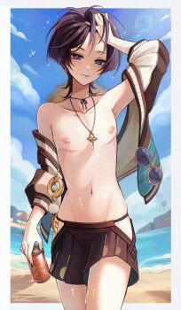  1boy absurdres akumana beach black_hair black_nails black_shorts border can earrings eyewear_hang genshin_impact hand_on_own_head hat hat_on_back highres holding holding_can jacket jewelry male_focus nail_polish necklace off_shoulder outside_border parted_lips purple_eyes scar scar_on_chest scaramouche_(genshin_impact) short_hair shorts smile solo straw_hat unworn_eyewear white_border white_jacket 