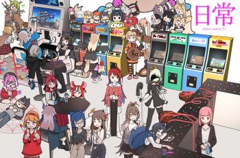  2b_(nier:automata) 2b_(nier:automata)_(cosplay) 6+girls a-chan_(hololive) absurdres advarcher all_fours alternate_costume arcade_cabinet bemani blonde_hair brand_name_imitation cecilia_immergreen ceres_fauna cosplay crazy_taxi dance_dance_revolution elizabeth_rose_bloodflame five_nights_at_freddy's fuwawa_abyssgard gawr_gura gigi_murin green_hair hakos_baelz highres holding holding_mop holoadvent holocouncil holocure holojustice hololive hololive_english holomyth house_of_the_dead idol_showdown irys_(hololive) long_hair medium_hair metal_gear_(series) metal_slug mococo_abyssgard mop mori_calliope multiple_girls nanashi_mumei nerissa_ravencroft nichijou nier:automata nier_(series) ninomae_ina'nis ouro_kronii parody raora_panthera shiori_novella short_twintails sitting sitting_on_person street_fighter street_fighter_iii_(series) takanashi_kiara tokino_sora tsukumo_sana twintails typo virtual_youtuber watson_amelia white_hair 