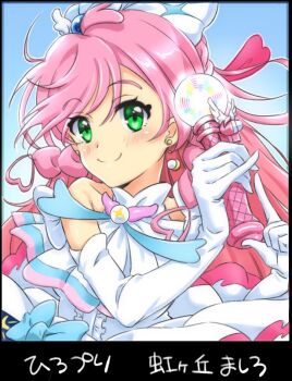  1girl ascot blue_bow bow braid brooch center_frills character_name closed_mouth commentary crown_braid cure_prism dress dress_bow earrings elbow_gloves frills glove_bow gloves green_eyes hair_bow hirogaru_sky!_precure holding index_finger_raised jewelry layered_dress long_hair looking_at_viewer magical_girl mismatched_earrings nijigaoka_mashiro pink_hair precure san-pon side_braids sky_mirage sleeveless sleeveless_dress smile solo translated very_long_hair white_ascot white_bow white_gloves wing_brooch 