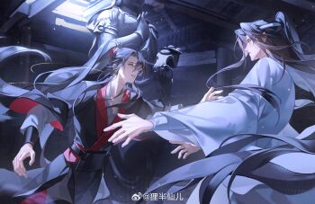 2boys aa820733 absurdres ahoge black_hair black_hanfu chinese_clothes commentary_request couple floating_clothes floating_hair grey_eyes hanfu headband highres imminent_hug indoors lan_wangji light_particles long_hair long_sleeves looking_at_another male_focus modao_zushi multiple_boys night parted_lips ponytail red_sash robe sash sidelocks smile smoke statue string upper_body very_long_hair watermark wei_wuxian weibo_watermark white_hanfu white_headband wide_sleeves yaoi yellow_eyes 