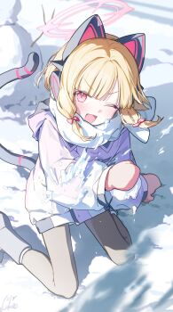  animal_ear_headphones animal_ears blonde_hair blue_archive bow cat_ear_headphones cat_ears cat_tail coat cold commentary_request duffel_coat fake_animal_ears fake_tail halo headphones highres kneeling low-tied_sidelocks mittens momoi_(blue_archive) ningen_mame outdoors pantyhose pink_bow pink_halo purple_coat scarf sidelocks snow snowball tail winter winter_clothes 