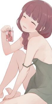  1girl alcohol_carton bare_shoulders black_nails blunt_bangs bocchi_the_rock! braid closed_eyes commentary_request dress drink_carton drunk fang fingernails green_dress highres hiroi_kikuri hiroki_(yyqw7151) holding holding_drink_carton legs long_hair nail_polish open_mouth red_hair simple_background sitting skin_fang sleeveless sleeveless_dress smile solo white_background  rating:Sensitive score:43 user:danbooru