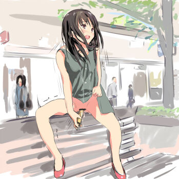 1girl bench blush bottomless brown_hair clothes_lift commentary_request dildo dress dress_lift exhibitionism female_masturbation green_dress iori_(magunisu) lifting_own_clothes long_hair masturbation motion_lines no_panties object_insertion open_mouth original outdoors pink_shoes public_indecency pussy pussy_juice saliva sex_toy shoes sitting spread_legs teeth tongue tree trembling upper_teeth_only vaginal vaginal_object_insertion rating:Explicit score:361 user:danbooru