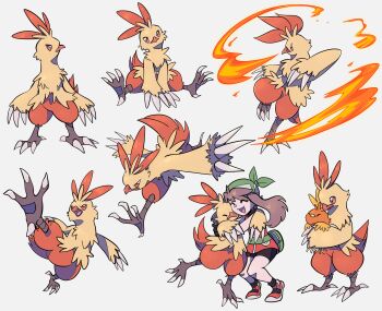  1girl 1other absurdres bandana bike_shorts black_shorts breasts brown_hair claws closed_eyes closed_mouth colored_sclera combusken commentary english_commentary fanny_pack fire furry gen_3_pokemon green_bandana highres holding holding_pokemon hug jacket kicking may_(pokemon) nintendo open_mouth orange_jacket orange_sclera peegeray pokemon pokemon_(creature) pokemon_emerald pokemon_rse running shirt shorts sleeveless smile torchic 