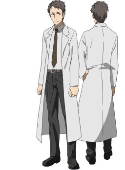  2boys adachi_shingo anime_coloring back belt black_eyes black_shoes brown_necktie closed_mouth coat collared_shirt dress_shoes from_behind full_body grey_belt grey_pants hand_on_own_hip kayaba_akihiko long_sleeves looking_at_viewer multiple_boys multiple_views necktie official_art open_clothes open_coat pants shirt shoes short_hair simple_background standing sword_art_online transparent_background very_short_hair white_coat white_shirt 