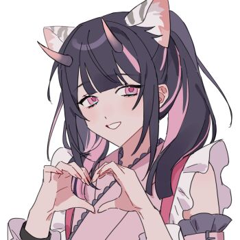  1boy animal_ear_fluff animal_ears black_hair blunt_bangs chinese_commentary cho_kaguya-hime! commentary_request crossdressing crossdressing_(mtf) gradient_horns hands_up heart heart_hands horns japanese_clothes jinjing_qiewu kimono komazawa_noi long_hair looking_at_viewer male_focus multicolored_hair multicolored_horns pink_eyes pink_horns pink_kimono simple_background smile solo streaked_hair tiger_ears trap twintails upper_body white_background 