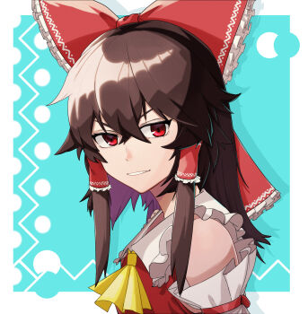  1girl ascot bare_shoulders blue_background border bow brown_hair commentary_request crossed_bangs detached_sleeves frilled_bow frilled_hair_tubes frilled_shirt_collar frills from_side hair_between_eyes hair_bow hair_tubes hakurei_reimu highres looking_at_viewer medium_hair parted_lips pi-nattus red_bow red_eyes red_shirt shirt sleeve_ribbon sleeveless sleeveless_shirt smile solo touhou turning_head white_border white_sleeves yellow_ascot 