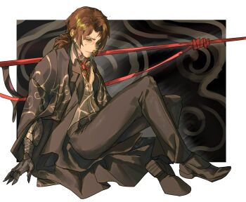  1boy absurdres arm_tattoo black_coat black_pants black_shoes brown_hair chest_tattoo cloud_print coat collared_shirt commentary crossed_legs eyepatch gregor_(project_moon) highres kurokumo_clan_(identity)_(project_moon) lapels limbus_company looking_at_viewer low_ponytail male_focus mechanical_arms medium_hair notched_lapels open_clothes open_coat pants partially_unbuttoned ponytail project_moon shirt shoes shoggoth_(sirens20211) sitting sweatdrop tattoo white_shirt 