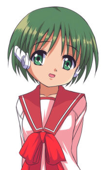 1girl arms_behind_back collarbone feet_out_of_frame female_focus green_eyes green_hair long_sleeves looking_at_viewer multi_(to_heart) open_mouth red_ribbon red_sailor_collar ribbon robot_ears robot_girl sailor_collar school_uniform serafuku shirt short_hair simple_background solo to_heart to_heart_(series) white_background white_shirt