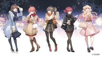  5girls adjusting_bow ahoge alternate_costume ankle_socks anklet bag belt black_coat black_pantyhose black_shoes blue_coat blue_eyes blue_scarf blurry blurry_background boots bow braid brown_boots brown_coat brown_hair brown_shoes coat commentary_request company_name copyright_notice cup disposable_cup double-parted_bangs double_bun dress fur-trimmed_coat fur_trim green_eyes hair_bow hair_bun hair_ribbon handbag heavy_breathing heterochromia high_heels highres holding holding_bag holding_cup hololive hoshi_rasuku houshou_marine jewelry knee_boots leather leather_boots loafers long_sleeves momosuzu_nene multiple_girls natsuiro_matsuri official_art open_mouth orange_hair orange_scarf pantyhose pink_hair plaid_clothes plaid_skirt red_eyes red_hair red_scarf ribbon sakura_miko scarf shoes shoulder_bag side_ponytail skirt smile snowflakes socks standing tokino_sora twintails virtual_youtuber white_shoes white_socks winter_clothes yellow_eyes 