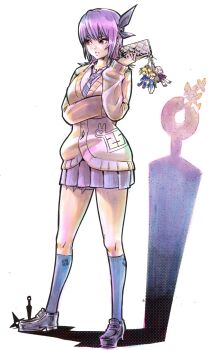  1girl arm_up ayane_(doa) breasts bug butterfly cardigan cellphone cellphone_charm character_charm charm_(object) closed_mouth commentary_request dead_or_alive fer_yoshimiya hairband hidden_weapon highres holding holding_phone honoka_(doa) insect kasumi_(doa) kneehighs kunai looking_to_the_side marie_rose necktie ninja phone pleated_skirt purple_hair purple_hairband purple_skirt red_eyes school_uniform shadow short_hair shuriken skirt socks solo thigh_strap thighs weapon weapon_in_garters white_background 