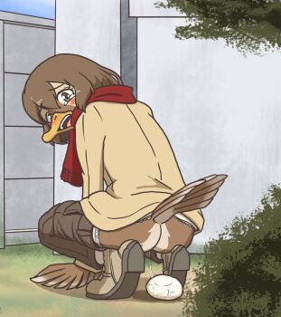  1girl arm_support ass beak beige_footwear beige_jacket bird_girl blue_sky blush_stickers brown_feathers brown_hair brown_pants building bush clothes_pull day egg egg_laying feathers fence furry grass hair_between_eyes jacket medium_hair open_mouth original outdoors pants pants_pull pussy_juice scarf shadow sky solo squatting starman_(artist) tearing_up tears tree underwear winged_arms wings 