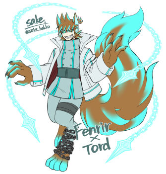  1boy alternate_costume alternate_form animal_ears animal_feet animal_hands animification antenna_hair artist_name blue_sclera brown_hair chain character_name claws coat colored_sclera commentary_request country_connection digitigrade eddsworld fenrir_(mythology) fewer_digits flipped_hair full_body glowing glowing_eyes grey_coat grey_pants grin hair_ears high_collar highres kaiyo_noba lab_coat long_sleeves looking_at_viewer male_focus monster_boy monsterification multicolored_hair no_nose norse_mythology open_clothes open_coat pants sharp_teeth simple_background smile solo standing streaked_hair tail teeth tord_(eddsworld) white_background white_coat wolf_boy wolf_ears wolf_tail 