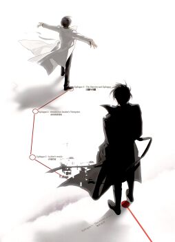  2boys asaki_an black_coat black_hair coat english_text full_body glitch hands_in_pockets highres kim_dokja korean_text male_focus map multiple_boys omniscient_reader's_viewpoint open_clothes open_coat outstretched_arms popped_collar shadow short_hair standing subway_map white_coat wind wind_lift yoo_joonghyuk 