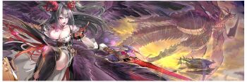  1girl aircraft airship boots breasts cleavage commentary_request crown dress feathered_wings feathers granblue_fantasy grey_hair high_heel_boots high_heels holding holding_sword holding_weapon horns houen idolmaster idolmaster_cinderella_girls kanzaki_ranko large_breasts long_hair looking_to_the_side purple_eyes sky smile sword thigh_boots twilight ultimate_bahamut_(granblue_fantasy) weapon wings 