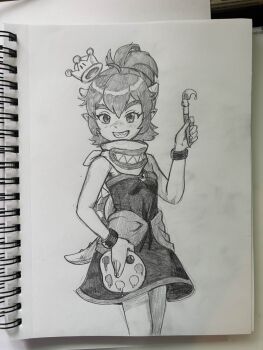  1girl absurdres ahoge bare_shoulders bib bowsette_jr. bracelet commentary cowboy_shot english_commentary greyscale grin hand_up highres holding holding_paint_palette holding_paintbrush horns jewelry leotard lizard_tail looking_at_viewer mario_(series) monochrome new_super_mario_bros._u_deluxe nintendo paint_palette paintbrush photo_(medium) pointy_ears ponytail sharp_teeth short_hair smile solo spiked_shell strapless strapless_leotard super_crown tail teeth thick_eyebrows tony_kuusisto traditional_media turtle_shell 