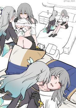  2girls absurdres aqua_dress artist_name biting black_gloves black_hairband black_jacket black_skirt black_socks blanket blue_hair blush breasts chest_of_drawers clothes_lift dress faceless faceless_female firefly_(honkai:_star_rail) from_behind gloves grabbing_another's_breast gradient_hair grey_hair groping hair_ornament hair_ribbon hairband half-closed_eyes hashtag-only_commentary hickey highres holding_hands honkai:_star_rail honkai_(series) indoors jacket leaf_hair_ornament long_hair long_sleeves looking_at_another looking_down lying medium_breasts miniskirt multicolored_hair multiple_girls multiple_views nipples no_shoes on_back on_bed one_eye_closed open_mouth pillow puffy_long_sleeves puffy_sleeves purple_ribbon ribbon sailor_collar shirt shirt_lift short_sleeves sitting skirt socks stelle_(honkai:_star_rail) t-shirt teeth trailblazer_(honkai:_star_rail) trap_(trap_2023) two-tone_dress wavy_hair white_dress white_shirt window yuri 